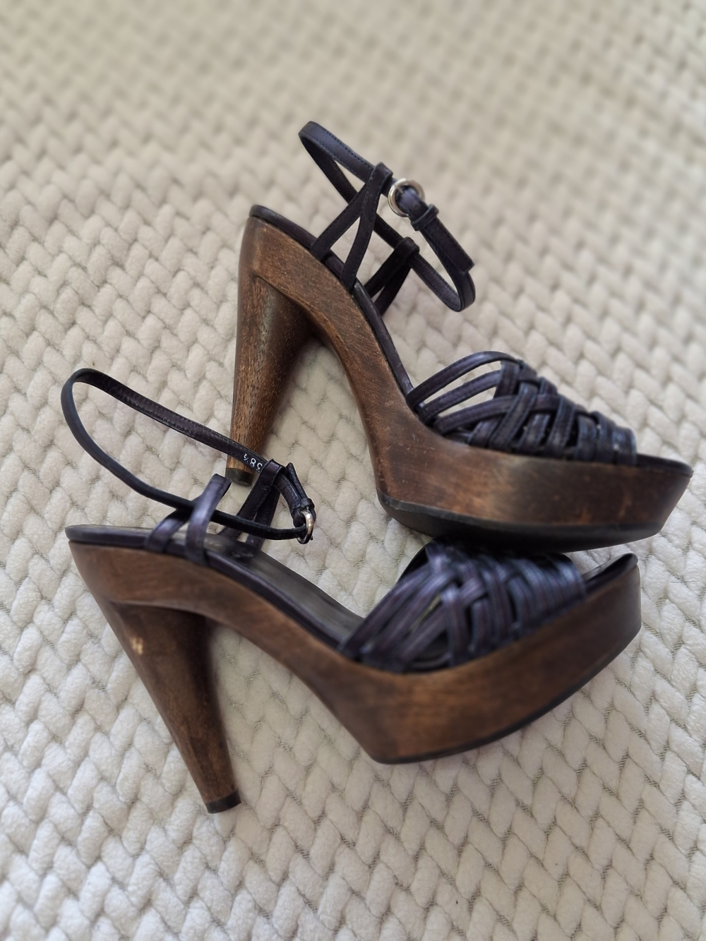 MIU MIU Platform Heel Sandals Vintage Metallic Blue. EU Size: 38.5